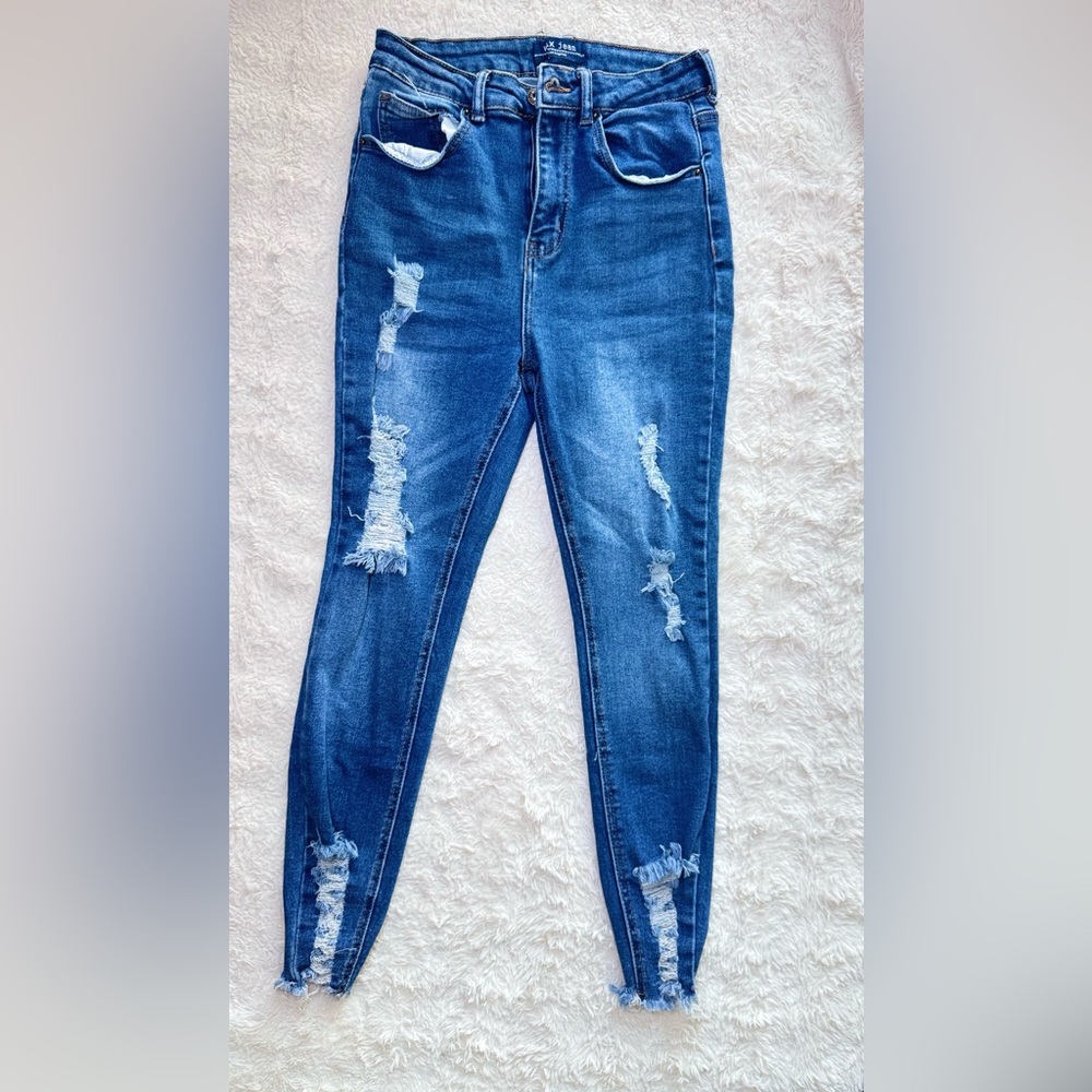 Wax Jean Dark Blue Distressed Skinny Jeans